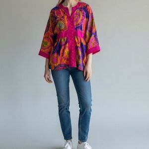 Vintage 1960s Krist Hawaiian Neon Psychedelic Floral Tropical Hippy Blouse Sz S